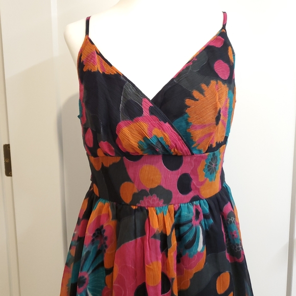 EUC spaghetti strap, tie-back, A-line dress. Size L. Orange, pink, black & teal. - Picture 8 of 9
